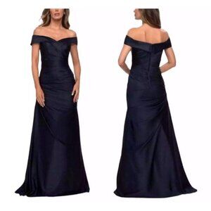 La Femme Navy Off-Shoulder Maxi Dress